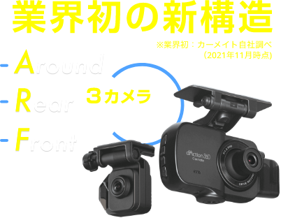 【業界初の新構造】Around（360度カメラ）・Rear（リヤカメラ）・Front（フロントカメラ）の3カメラで死角なし！